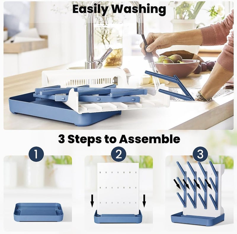 WLMALL Baby Bottle Drying Rack: Vertical Space Saving Large Bottles Holder - Standing Boon Dryer Rack Baby Accessory - Countertop Holds Up to 12 Bottles & Pump Part Cleaning & Cup (Blue) (Blue) - Image 5